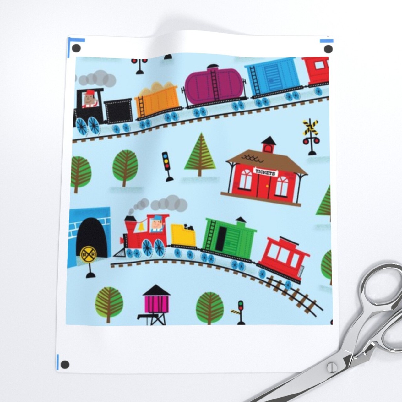 Trains, Blue, Nursery, Railroad, Rainbow, Boy, Girl, Colorful Custom Printed Fabric by Spoonflower Various Fabrics by the Yard or Fat Quarter